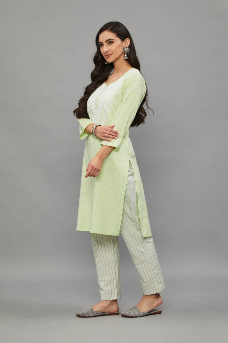 Green Lucknowi Chikankari Khadi Cotton Straight 3/4 th sleeves kurta set for Women