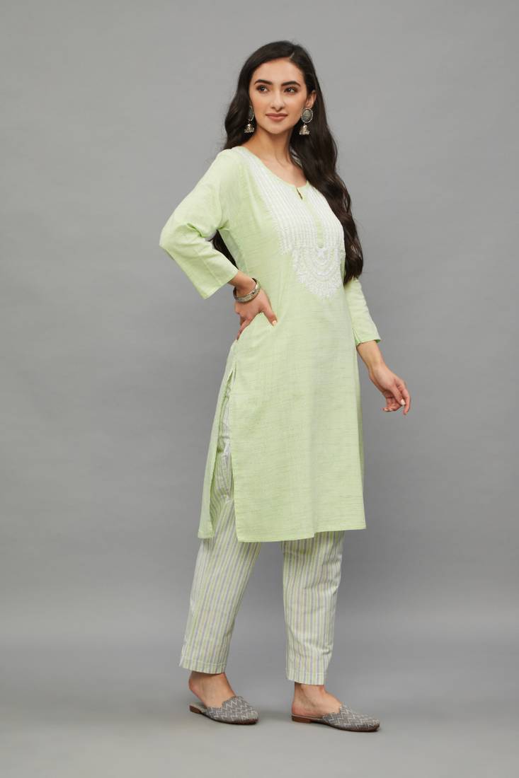 Green Lucknowi Chikankari Khadi Cotton Straight 3/4 th sleeves kurta set for Women
