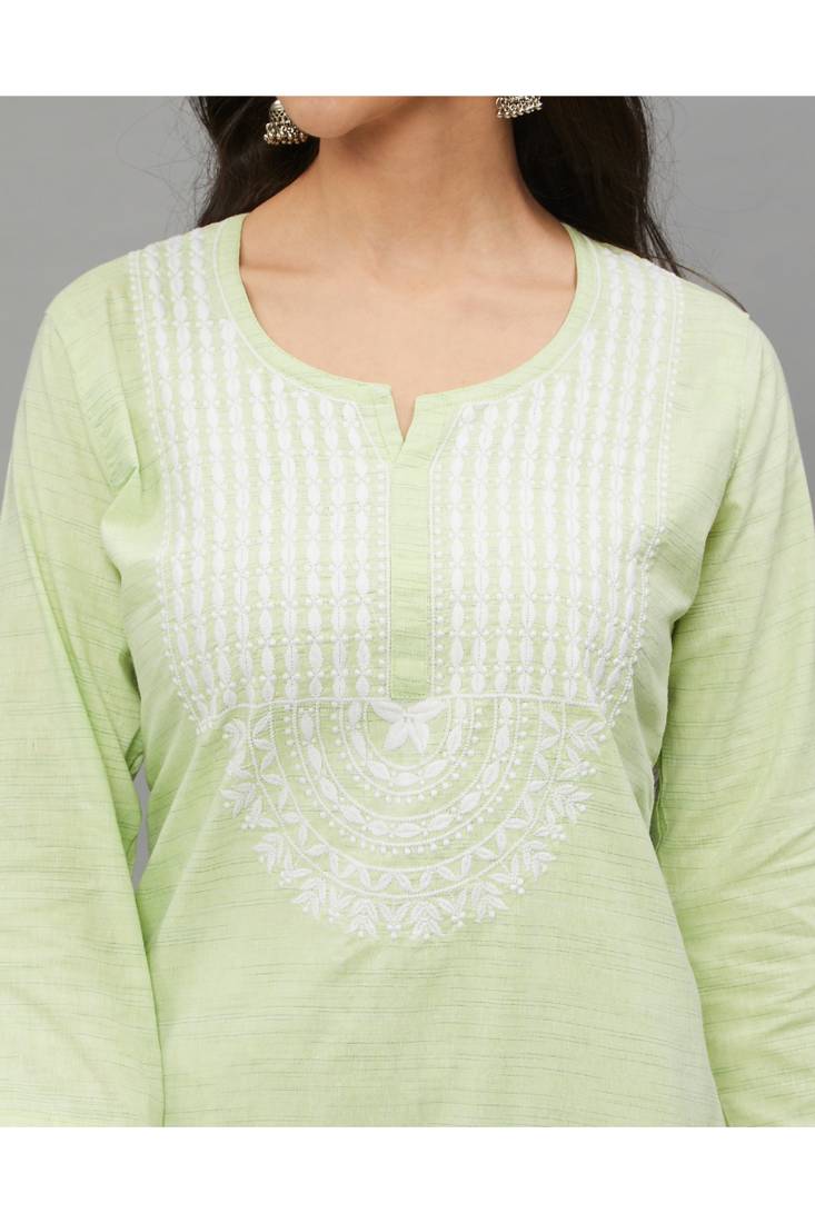 Green Lucknowi Chikankari Khadi Cotton Straight 3/4 th sleeves kurta set for Women