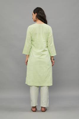 Green Lucknowi Chikankari Khadi Cotton Straight 3/4 th sleeves kurta set for Women 5