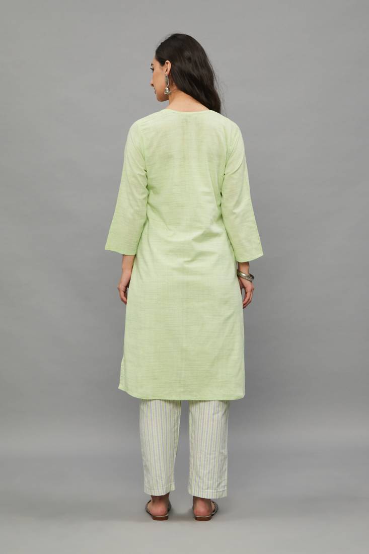 Green Lucknowi Chikankari Khadi Cotton Straight 3/4 th sleeves kurta set for Women