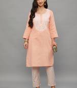 Peach Lucknowi Chikankari Khadi Cotton Straight 3/4 th sleeves kurta set for Women