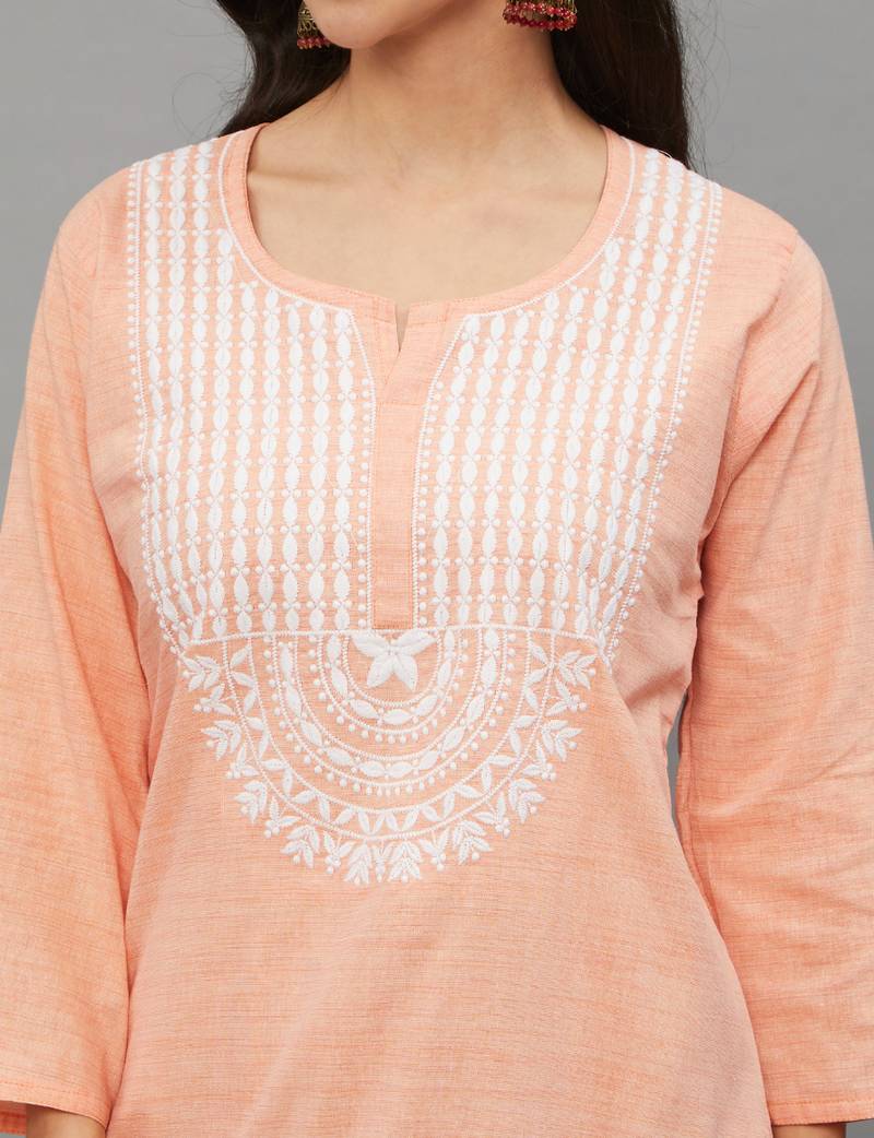 Peach Lucknowi Chikankari Khadi Cotton Straight 3/4 th sleeves kurta set for Women