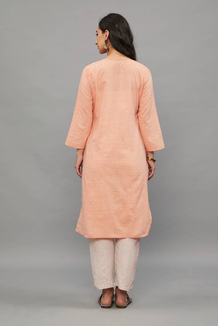 Peach Lucknowi Chikankari Khadi Cotton Straight 3/4 th sleeves kurta set for Women