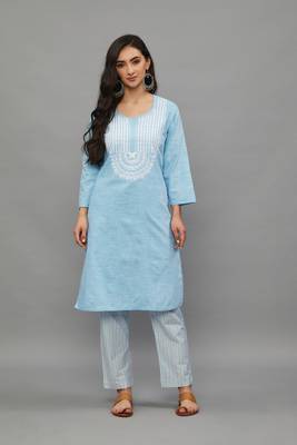 Skyblue Lucknowi Chikankari Khadi Cotton Straight 3/4 th sleeves kurta set for Women 1