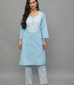 Skyblue Lucknowi Chikankari Khadi Cotton Straight 3/4 th sleeves kurta set for Women
