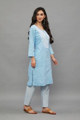 Skyblue Lucknowi Chikankari Khadi Cotton Straight 3/4 th sleeves kurta set for Women 2