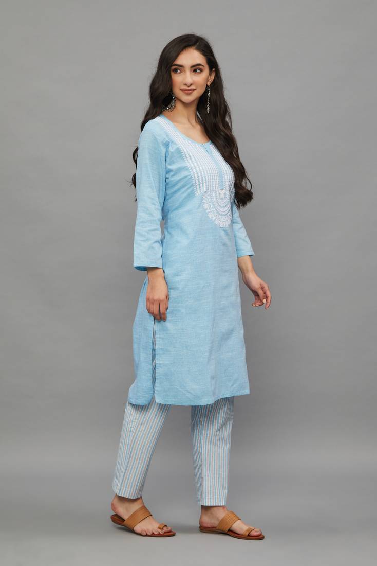 Skyblue Lucknowi Chikankari Khadi Cotton Straight 3/4 th sleeves kurta set for Women