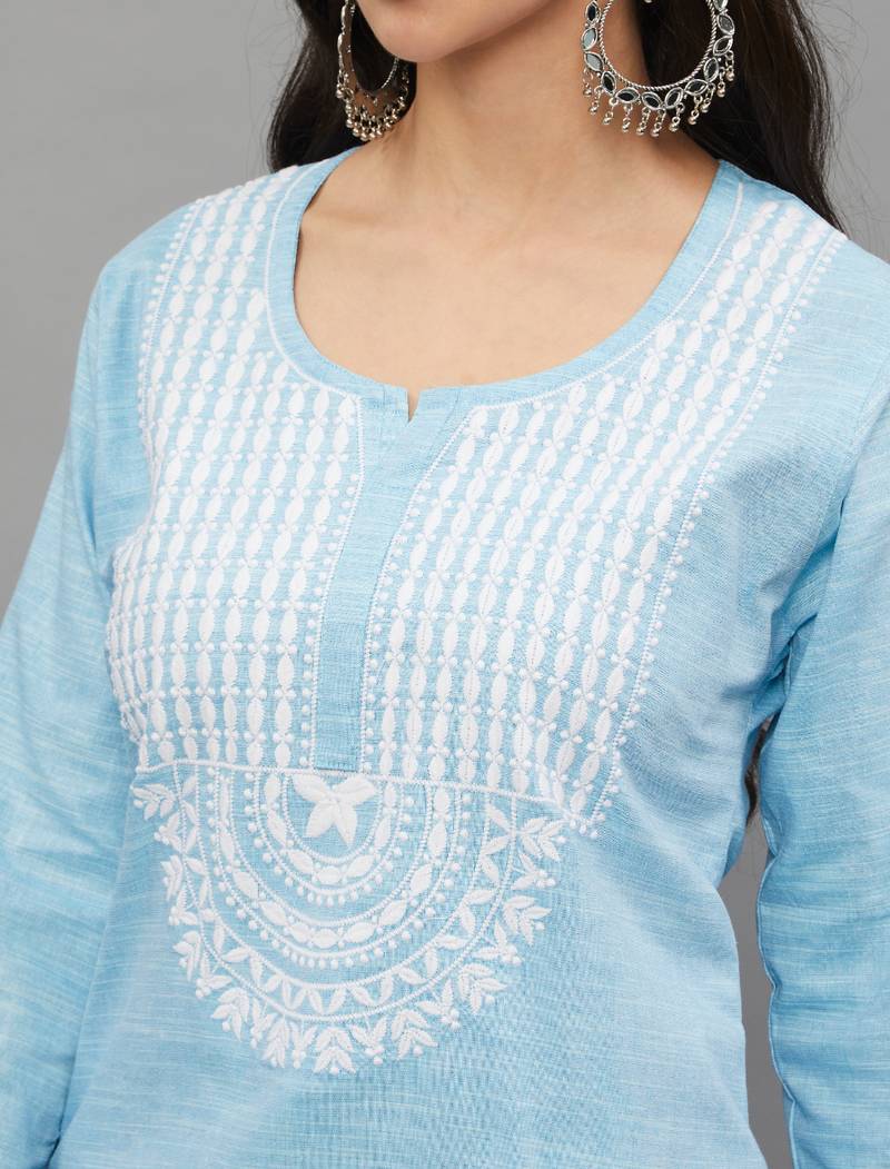 Skyblue Lucknowi Chikankari Khadi Cotton Straight 3/4 th sleeves kurta set for Women