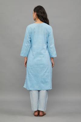 Skyblue Lucknowi Chikankari Khadi Cotton Straight 3/4 th sleeves kurta set for Women 4