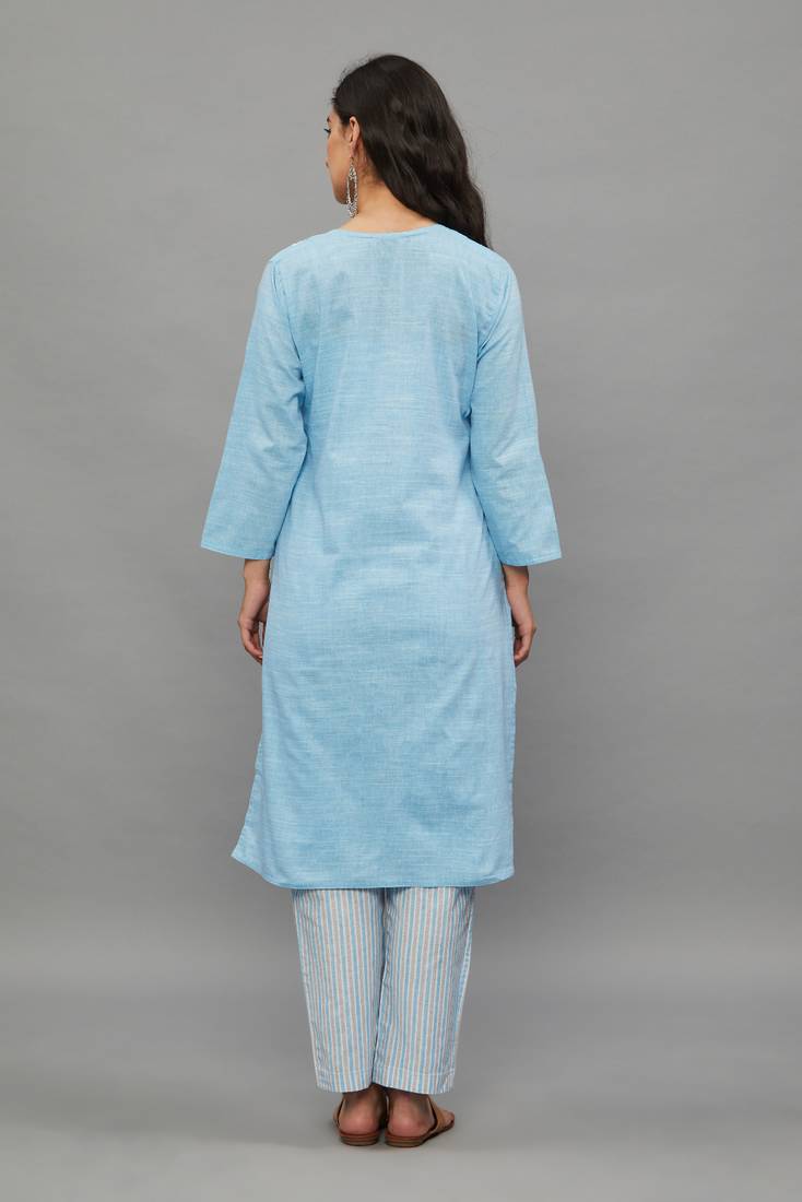 Skyblue Lucknowi Chikankari Khadi Cotton Straight 3/4 th sleeves kurta set for Women