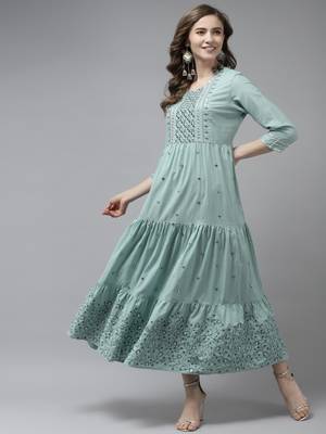 Olive embroidered cotton long-dresses 1