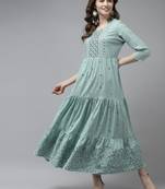Olive embroidered cotton long-dresses