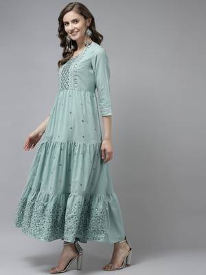 Olive embroidered cotton long-dresses 2