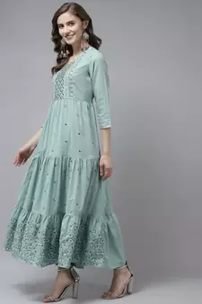 Olive embroidered cotton long-dresses