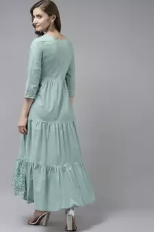 Olive embroidered cotton long-dresses