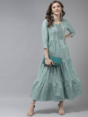Olive embroidered cotton long-dresses 5