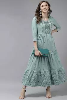 Olive embroidered cotton long-dresses