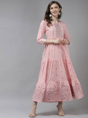 Pink embroidered cotton long-dresses 1