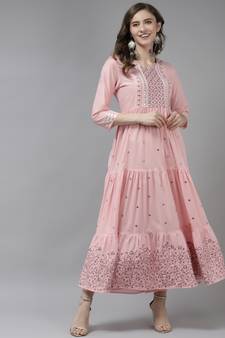 Pink embroidered cotton long-dresses