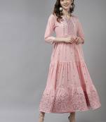 Pink embroidered cotton long-dresses