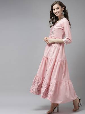 Pink embroidered cotton long-dresses 2