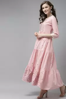 Pink embroidered cotton long-dresses