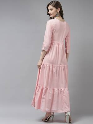 Pink embroidered cotton long-dresses 3