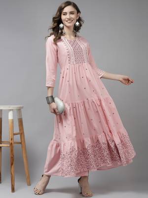 Pink embroidered cotton long-dresses 5