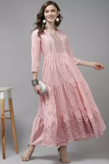 Pink embroidered cotton long-dresses
