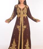 Brown Dubai Moroccan Kaftan Farasha Abaya Maxi Modern Fancy Floor Length Dress