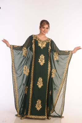 Dark Green Georgette Hand Embroidered Kaftan 1