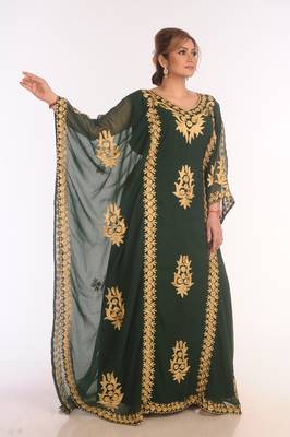 Dark Green Georgette Hand Embroidered Kaftan 2