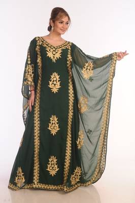Dark Green Georgette Hand Embroidered Kaftan 3