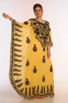 Yellow Kaftan Moroccan Farasha Abaya Maxi Modern Fancy Floor Length Dress