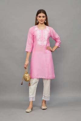 Pink Lucknowi Chikankari Cotton Straight 3/4 th sleeves kurta for Women 1