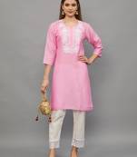 Pink Lucknowi Chikankari Cotton Straight 3/4 th sleeves kurta for Women