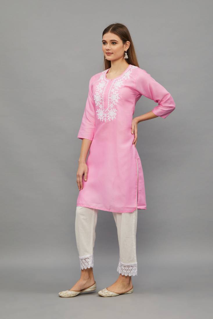 Pink Lucknowi Chikankari Cotton Straight 3/4 th sleeves kurta for Women