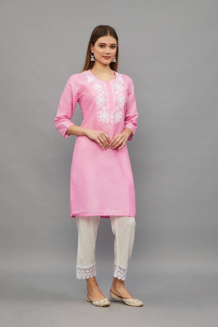 Pink Lucknowi Chikankari Cotton Straight 3/4 th sleeves kurta for Women