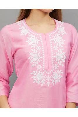Pink Lucknowi Chikankari Cotton Straight 3/4 th sleeves kurta for Women 4