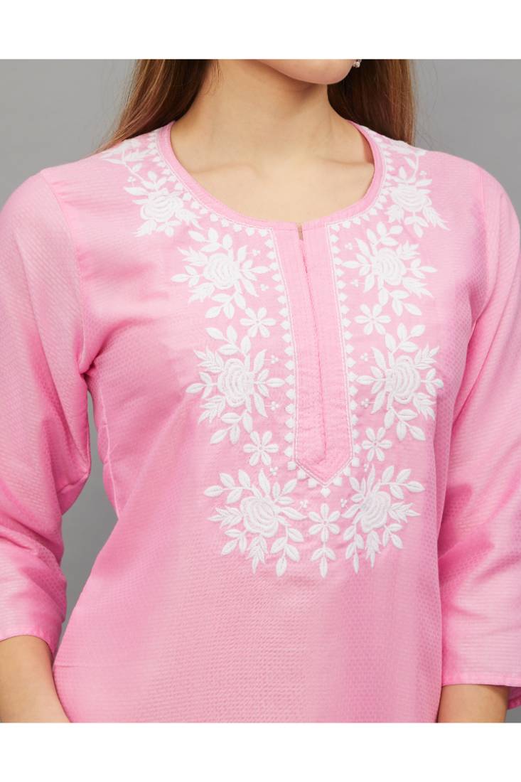 Pink Lucknowi Chikankari Cotton Straight 3/4 th sleeves kurta for Women