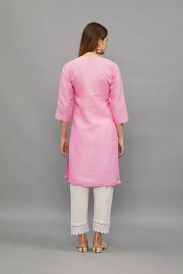 Pink Lucknowi Chikankari Cotton Straight 3/4 th sleeves kurta for Women 5