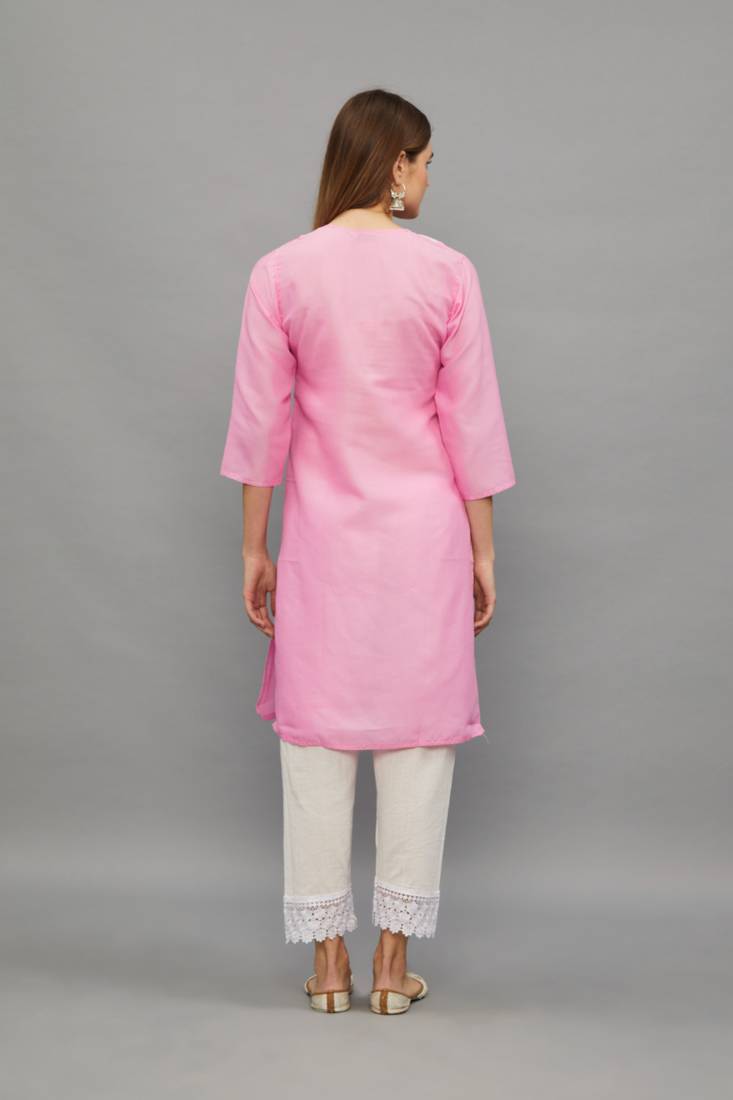 Pink Lucknowi Chikankari Cotton Straight 3/4 th sleeves kurta for Women