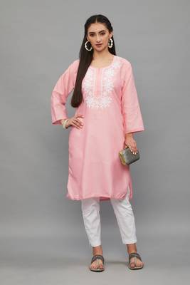 Peach Lucknowi Chikankari Cotton Straight 3/4 th sleeves kurta for Women 1