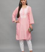 Peach Lucknowi Chikankari Cotton Straight 3/4 th sleeves kurta for Women