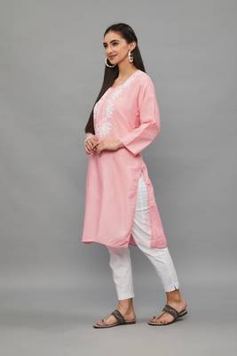 Peach Lucknowi Chikankari Cotton Straight 3/4 th sleeves kurta for Women 2