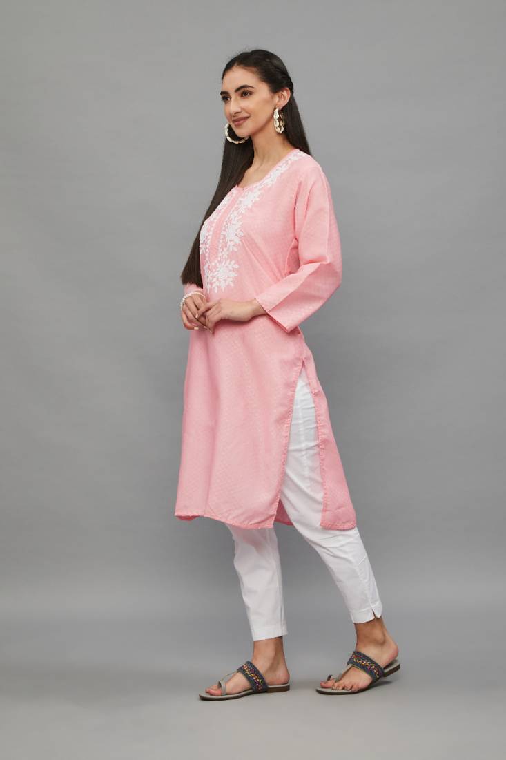 Peach Lucknowi Chikankari Cotton Straight 3/4 th sleeves kurta for Women