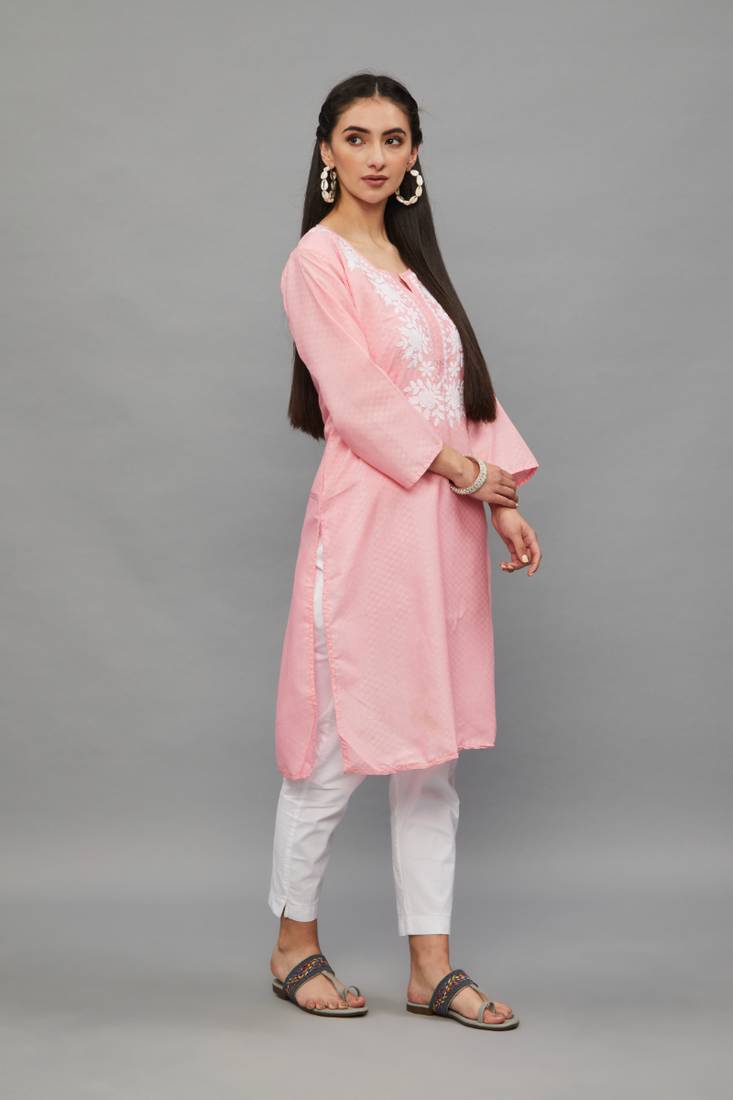 Peach Lucknowi Chikankari Cotton Straight 3/4 th sleeves kurta for Women