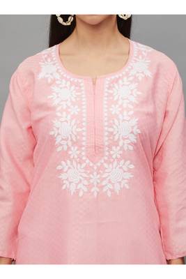 Peach Lucknowi Chikankari Cotton Straight 3/4 th sleeves kurta for Women 4