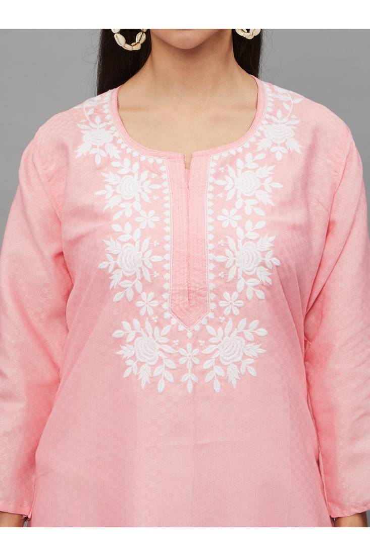 Peach Lucknowi Chikankari Cotton Straight 3/4 th sleeves kurta for Women